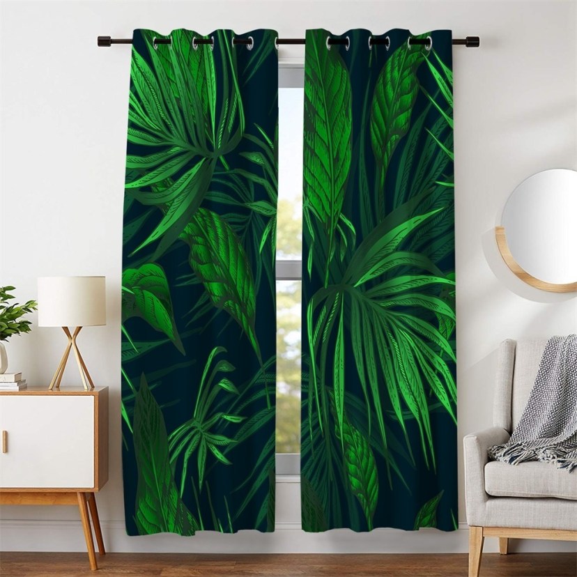 long curtains for living room 106w x 63l room decor window curtains green plants leaves blackout for living room bedroom drapes 2 panels set with grommets block out light cold 53