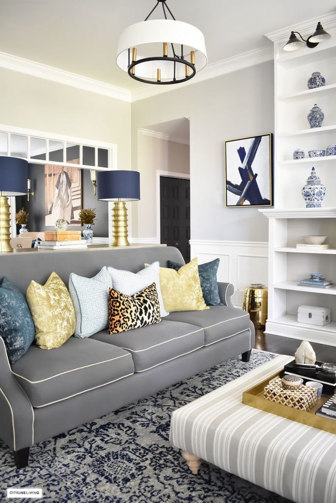 blue and gold living room fall home tour using rich colors brass and gold blue and