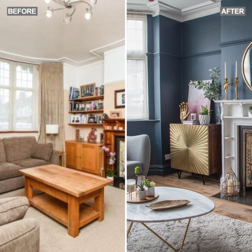 blue and gold living room living room makeover with dark blue walls pink sofa and