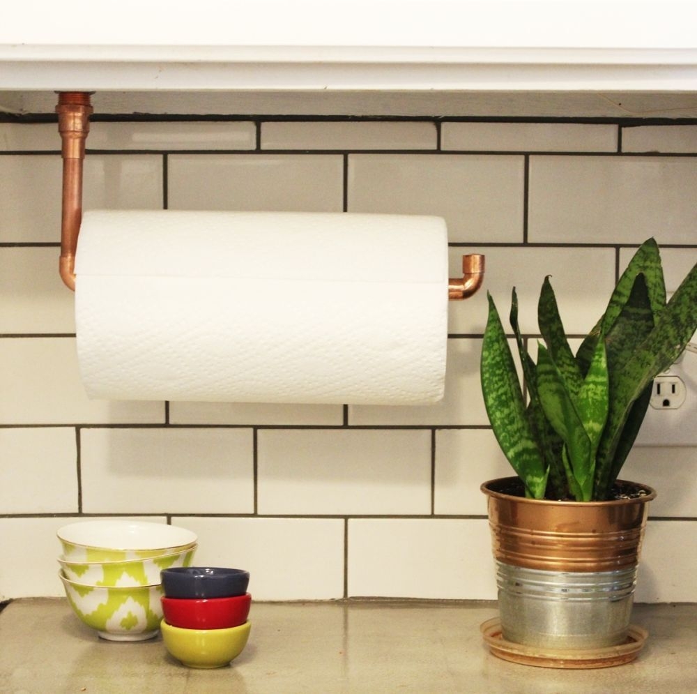 diy under cabinet hanging copper paper towel holder diy