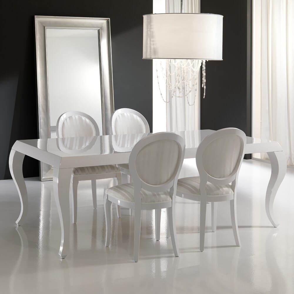 high gloss white lacquered dining table and chairs set