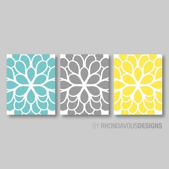 flower wall art teal blue yellow gray dahlia flower