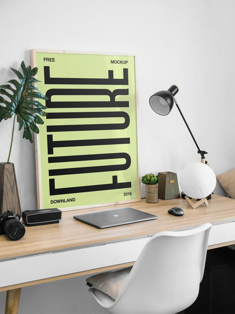 picture frame on a desk mockup free mockup