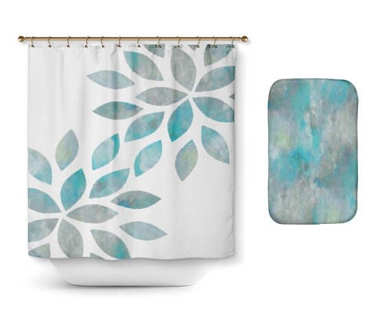 shower curtain bathroom decor aqua teal grey flower petal